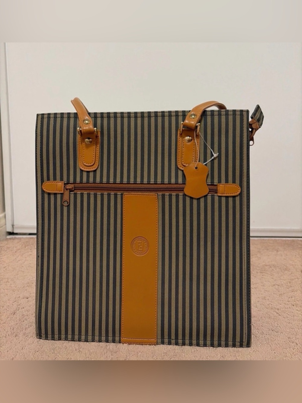 Striped Tote Bag with Leather Accents Elegant Shoulder Bag Laptop Office Casual